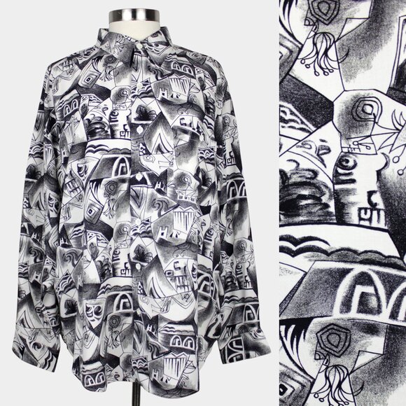 Vintage 90s Aggio Abstract Monochrome Sketch Print Button Down Shirt Size XL - Picture 1 of 10